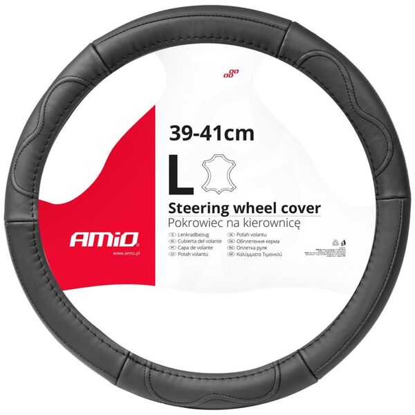 AMiO Pokrowiec skórzany nakładka na kierownicę samochodową l 39-41cm swc-49-l amio-03552