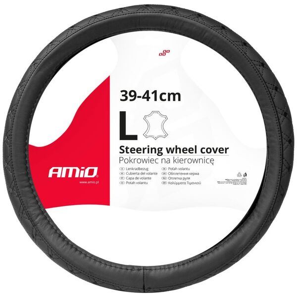 AMiO Pokrowiec skórzany pikowany nakładka na kierownicę samochodową l 39-41cm swc-51-l amio-03562