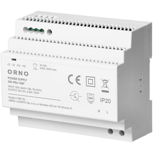 Orno Zasilacz na szyne DIN, 24VDC, 6,25A, 150W, 6 modułów