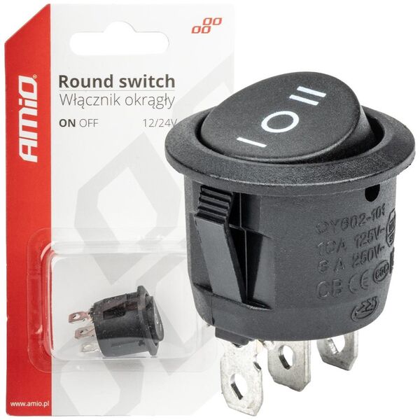 AMiO Włącznik przełącznik czarny okrągły 12v 230v bu03 amio-03614