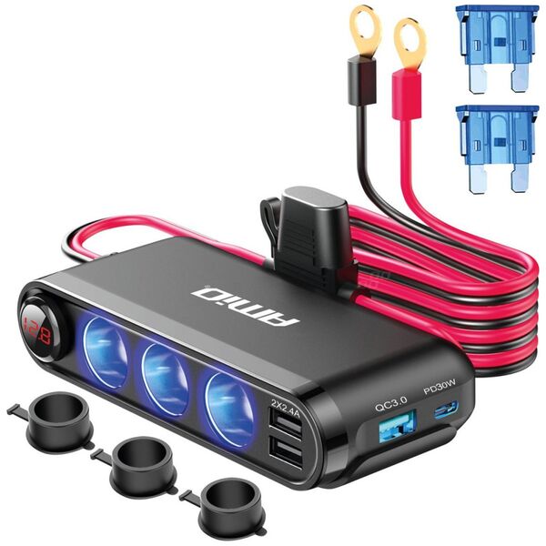 AMiO Rozdzielacz rozgałęźnik trójnik zapalniczki + woltmierz ładowarka usb usb-c 12v 24v amio-03782