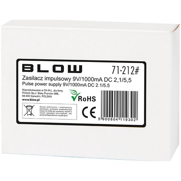 Zasilacz serwerowy Blow 71-212# Zasilacz impulsowy 9v/1000ma 2,1/5,5