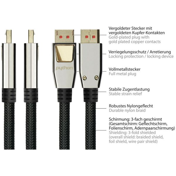 Καλώδιο PYTHON Καλώδιο Python DisplayPort 1.4 Nylongeflecht schwarz 5m 13672827 4014619714070