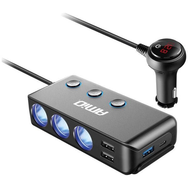 AMiO Rozdzielacz rozgałęźnik trójnik zapalniczki + woltomierz ładowarka usb usb-c 12v 24v amio-03781