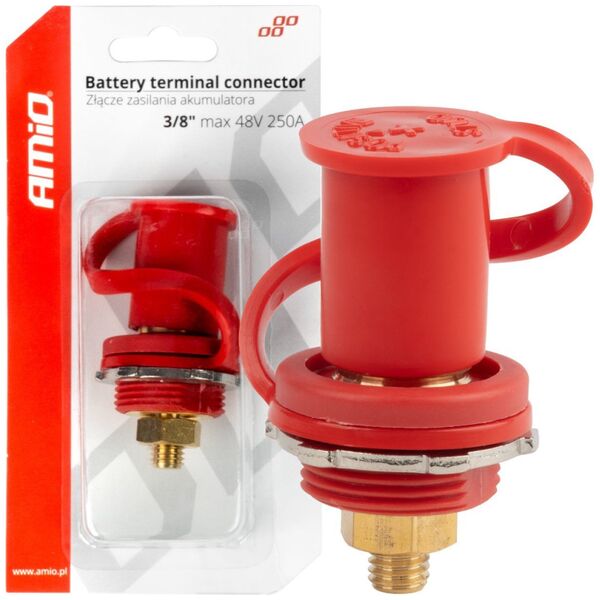 AMiO Złącze zasilania akumulatora czerwone plus z zaślepką 3/8 m10 12v 24v 48v 250a amio-03814