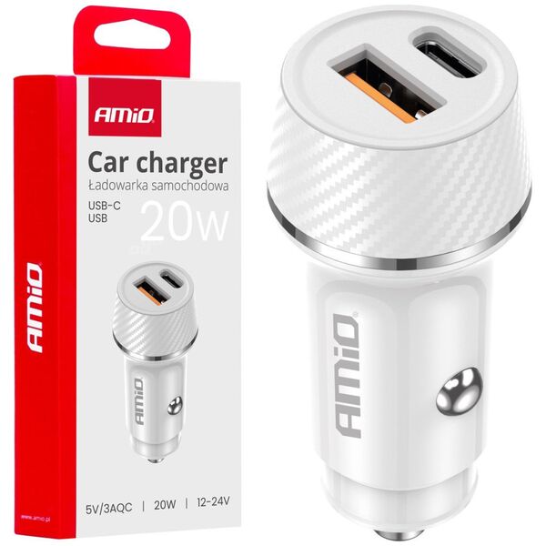 Ładowarka AMiO Ładowarka samochodowa usb-a + usb-c 20w amio-03878