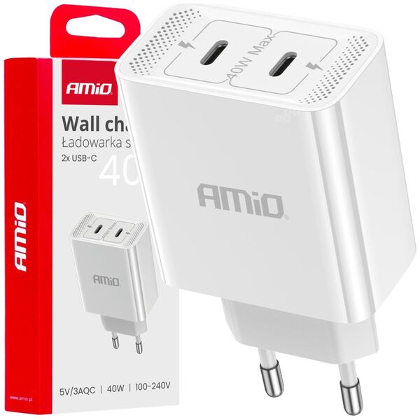 Ładowarka AMiO Ładowarka sieciowa 230v 2x usb-c 40w amio-03892