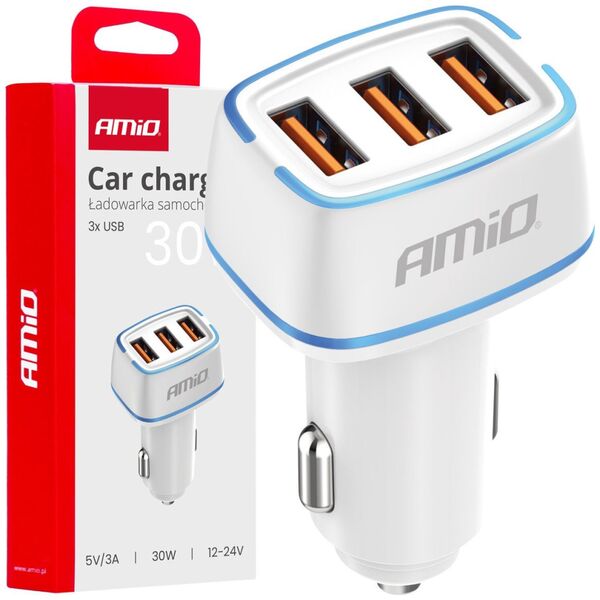 Ładowarka AMiO Ładowarka samochodowa 3x usb-a 30w amio-03889