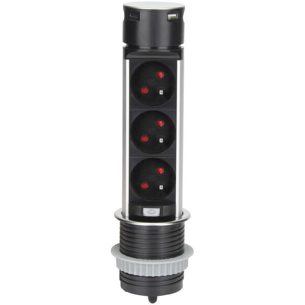 Orno Wpuszczane gniazdo meblowe ?6cm z ładowarką USB i przewodem 1,5m, 3x2P+Z, 2xUSB (typ A i typ C), INOX