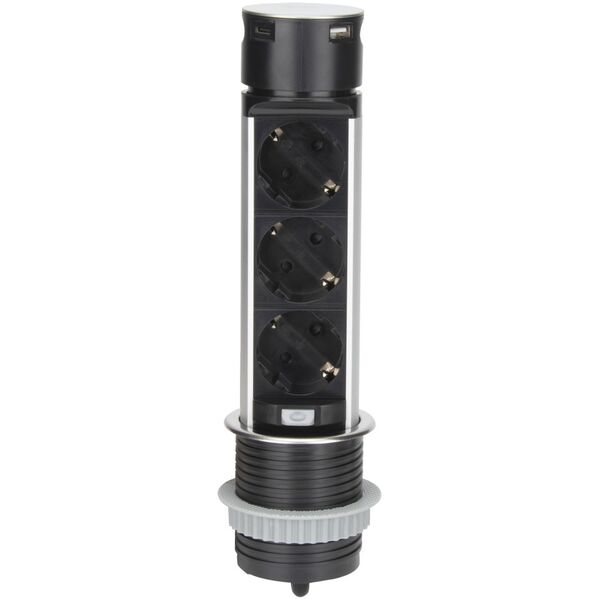 Orno Wpuszczane gniazdo meblowe ?6cm z ładowarką USB i przewodem 1,5m, 3x2P+Z (Schuko), 2xUSB (typ A i typ C), INOX