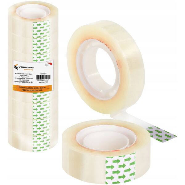 VERGIONIC TAŚMA KLEJĄCA PRZEZROCZYSTA BIUROWA DO PAKOWANIA 18MM x 20M ZESTAW 8 szt.