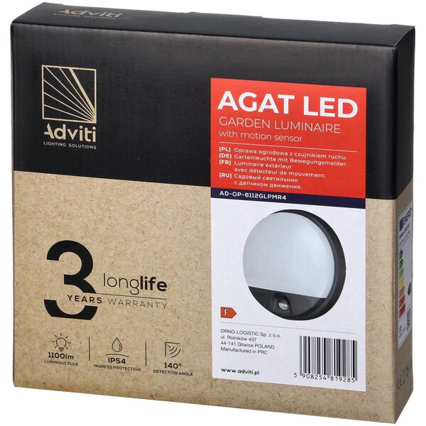 Kinkiet Orno AGAT LED 15W, oprawa ogrodowa z czujnikiem ruchu, 140st, 1100lm, IP54, 4000K, szara