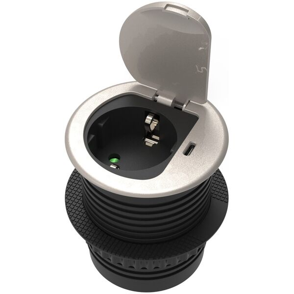 Orno Gniazdo meblowe ?6cm wpuszczane w blat z pokrywką, ładowarką USB i przewodem 1,9m, 1x2P+Z (Schuko), 1xUSB (typ C| 20W), srebrne