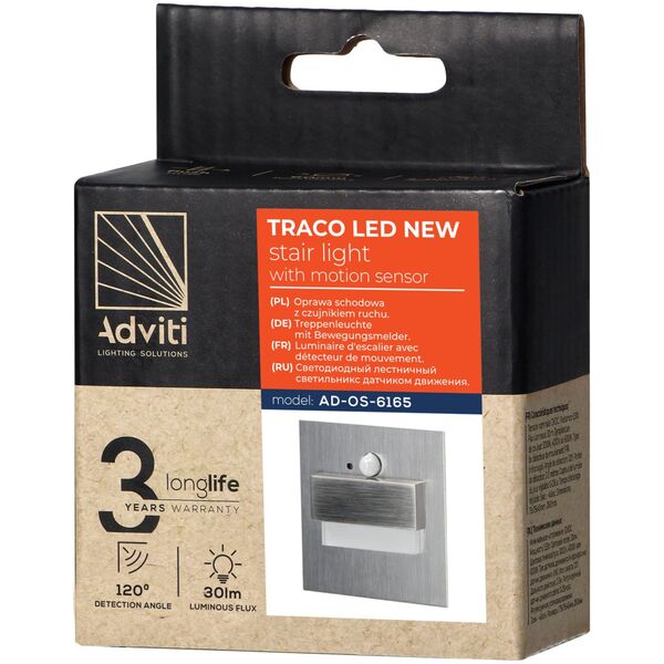 Oprawa schodowa Orno TRACO LED 1,5W, oprawa schodowa podtynkowa, 12VDC, 30lm, 4000K, satyna, czujnik ruchu i zmierzchu