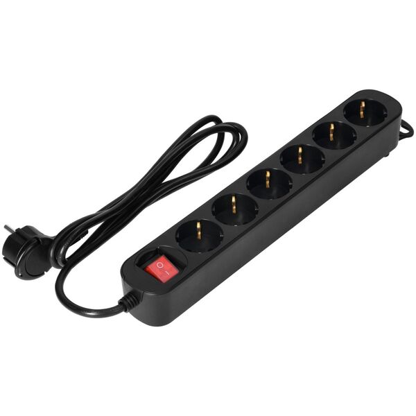 Orno Przedłużacz 6-krotny 2P+Z(Schuko), z wyłącznikiem, 3m H05VV-F 3x1,0mm2, Imax=10A, płaska wtyczka, czarny