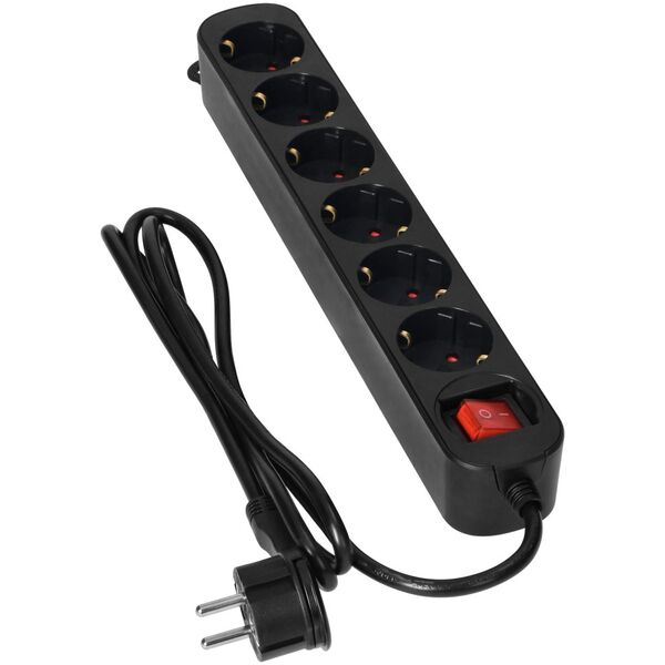 Orno Przedłużacz 6-krotny 2P+Z(Schuko), z wyłącznikiem, 3m H05VV-F 3x1,0mm2, Imax=10A, płaska wtyczka, czarny
