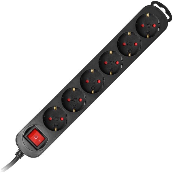 Orno Przedłużacz 6-krotny 2P+Z(Schuko), z wyłącznikiem, 3m H05VV-F 3x1,0mm2, Imax=10A, płaska wtyczka, czarny
