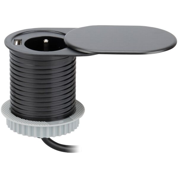 Orno Gniazdo meblowe ?6cm, czarne, wpuszczane w blat z przesuwną pokrywką, ładowarką USB i przewodem 1,9m, 1x2P+Z, 1xUSB (2,4A), 3x1,5mm?, wersja Schuko