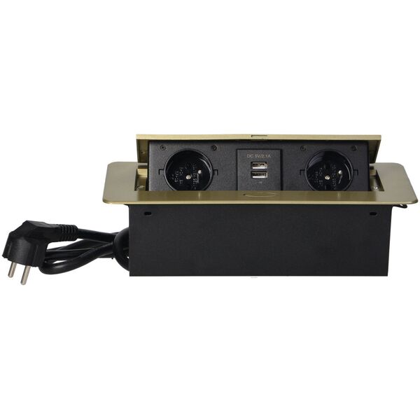 Orno Gniazda meblowe wpuszczane w blat z płaskim frezowanym rantem, ładowarką USB i przewodem 1,5m, 2x2P+Z, 2xUSB, kolor mosiądzu