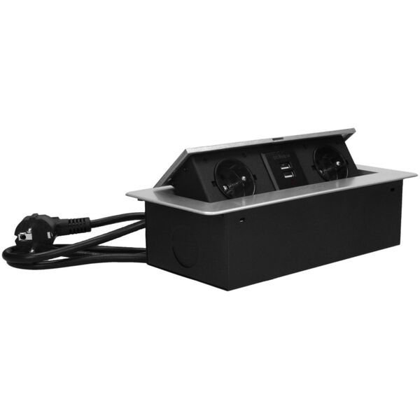 Orno Gniazdo meblowe wpuszczane w blat z płaskim frezowanym rantem, ładowarką USB i przewodem 3m, 2x2P+Z, 2xUSB, srebrne