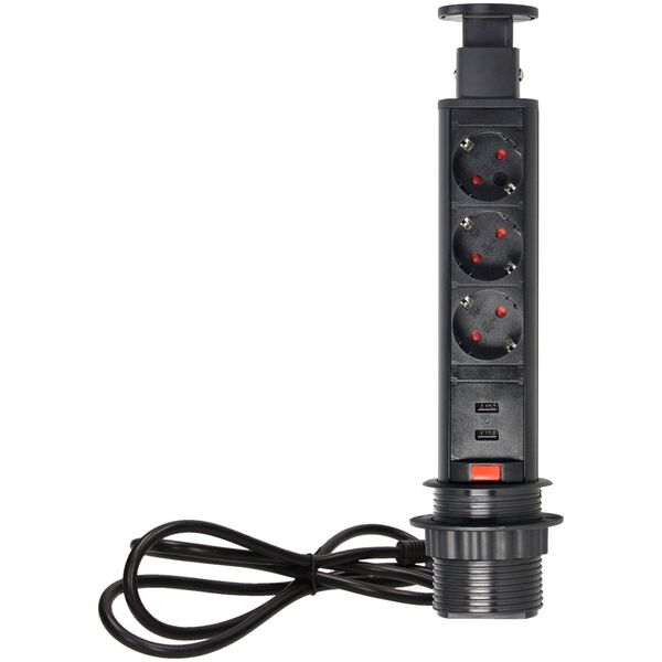 Orno Gniazdo meblowe ?6cm wysuwane z blatu z ładowarką USB, blokadą i przewodem 1,8m, 3x2P+Z (Schuko), czarne