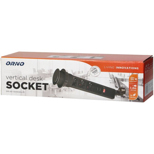 Orno Gniazdo meblowe ?6cm wysuwane z blatu z ładowarką USB, blokadą i przewodem 1,8m, 3x2P+Z (Schuko), czarne