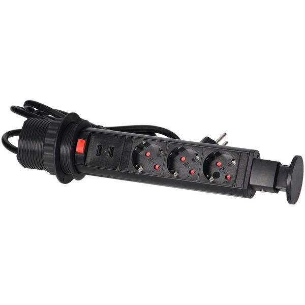 Orno Gniazdo meblowe ?6cm wysuwane z blatu z ładowarką USB, blokadą i przewodem 1,8m, 3x2P+Z (Schuko), czarne