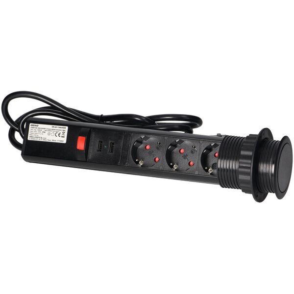 Orno Gniazdo meblowe ?6cm wysuwane z blatu z ładowarką USB, blokadą i przewodem 1,8m, 3x2P+Z (Schuko), czarne