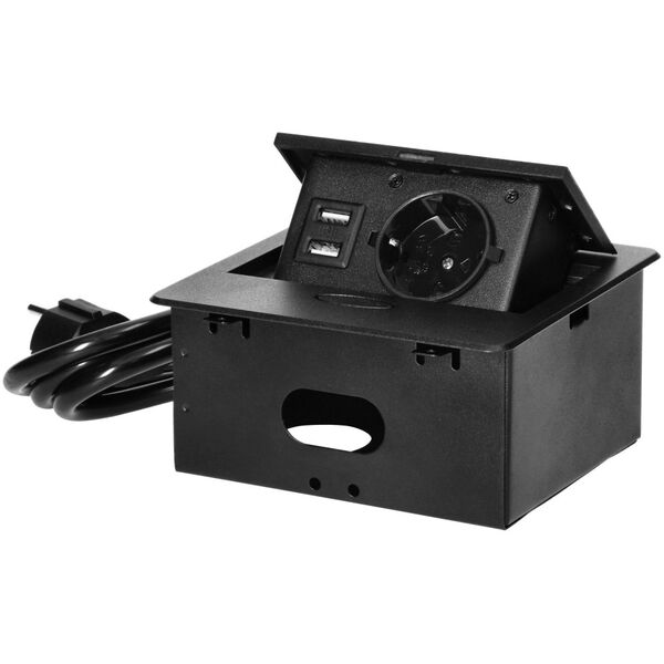 Orno Wpuszczane gniazdo meblowe z ładowarką USB i przewodem 1,5m,  1x2P+Z Schuko, 2xUSB (typ A, 2,1A), płaski rant frezowany, czarny