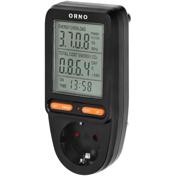 Orno Watomierz, kalkulator energii z wyświetlaczem LCD, wersja Schuko, czarny