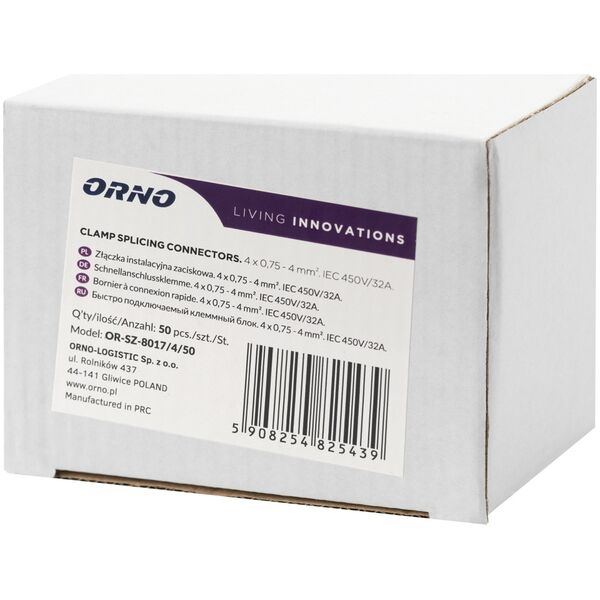 Orno Złączka instalacyjna zaciskowa 4-przewodowa| na dowolny przewód 0,75-4mm?| IEC 450V/32A  50 szt.