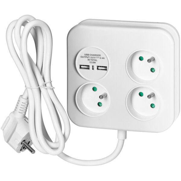 Orno Kwadratowa listwa zasilająca z ładowarką USB 3x2P+Z, 2xUSB-A,  kabel 3x1,0mm2, 1,4m