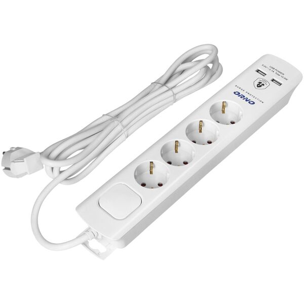 Orno Listwa przeciwprzepięciowa, 4 gniazda 2P+Z (Schuko), kabel 3x1,0mm2, 3m, z wyłącznikiem podświetlanym dwutorowym. 16A/230 VAC, Ochronnik przeciwprzepięciowy Typ 3, Ładowarka 2xUSB 2,1A, biała