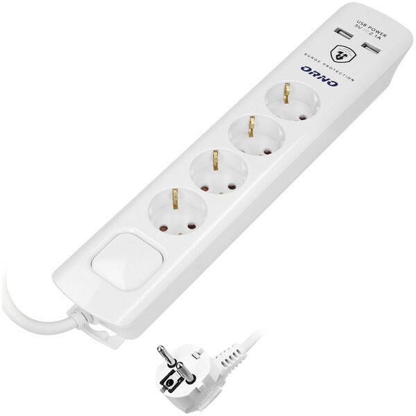 Orno Listwa przeciwprzepięciowa, 4 gniazda 2P+Z (Schuko), kabel 3x1,0mm2, 3m, z wyłącznikiem podświetlanym dwutorowym. 16A/230 VAC, Ochronnik przeciwprzepięciowy Typ 3, Ładowarka 2xUSB 2,1A, biała