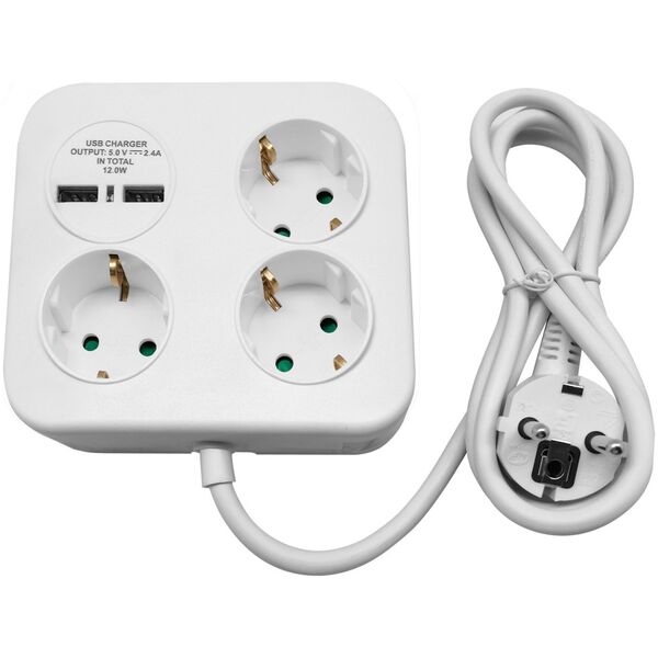 Orno Kwadratowa listwa zasilająca z ładowarką USB  3x2P+Z (Schuko), 2xUSB-A, kabel 3x1,5mm2, 1,4m