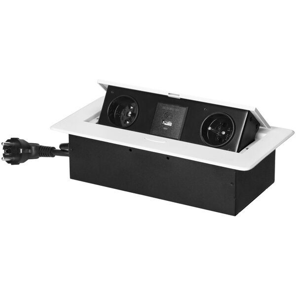Orno Gniazda meblowe wpuszczane w blat z płaskim frezowanym rantem, ładowarką USB i przewodem 1,5m, 2x2P+Z, 2xUSB (typ A+C| 3,6A), białe