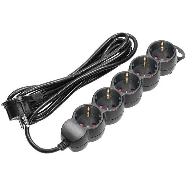 Orno Przedłużacz 5-krotny 2P+Z (Schuko), 5m H05VV-F 3x1,5mm2, Imax=16A, płaska wtyczka, czarny