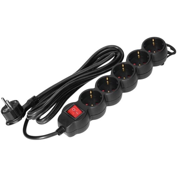Orno Przedłużacz 5-krotny 2P+Z (Schuko), z wyłącznikiem, 3m H05VV-F 3x1,5mm2, Imax=16A, płaska wtyczka, czarny