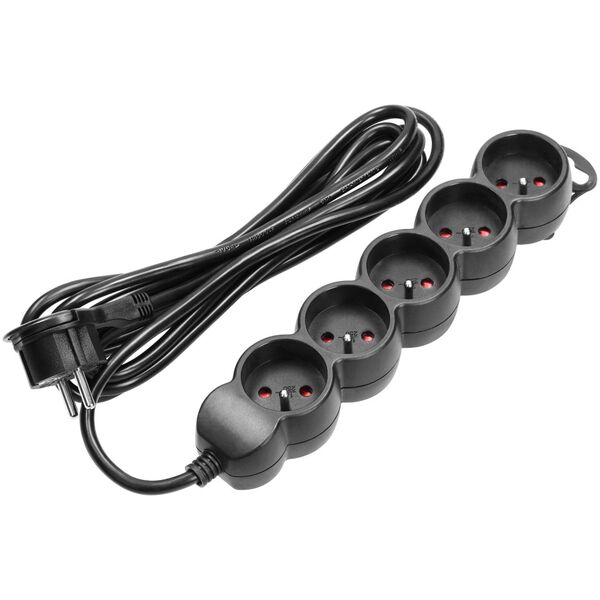 Orno Przedłużacz 5-krotny 2P+Z, 3m H05VV-F 3x1,5mm2, Imax=16A, płaska wtyczka, czarny