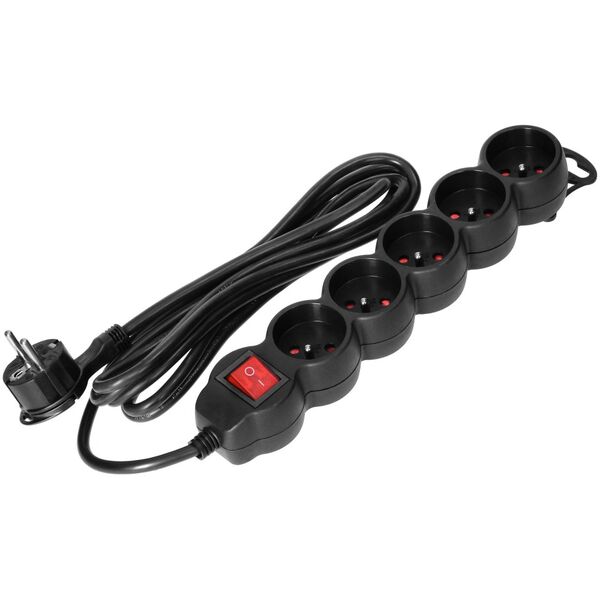 Orno Przedłużacz 5-krotny 2P+Z, z wyłącznikiem, 5m H05VV-F 3x1,5mm2, Imax=16A, płaska wtyczka, czarny