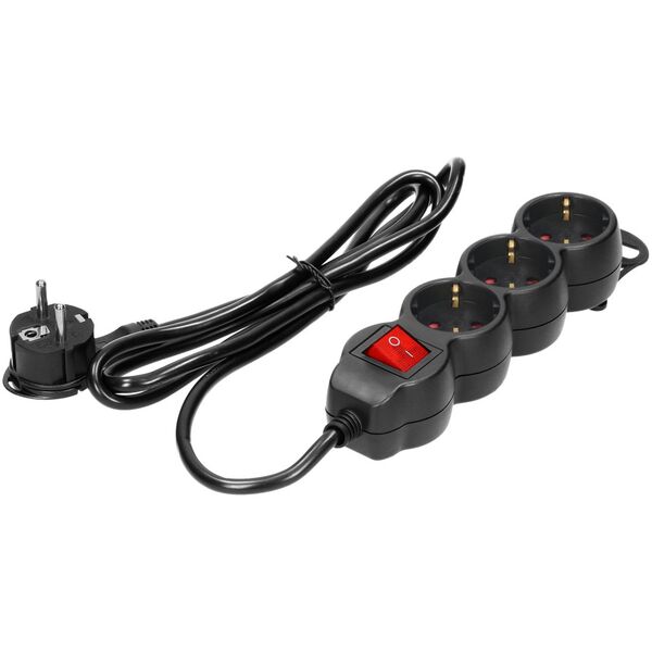 Orno Przedłużacz 3-krotny 2P+Z (Schuko), z wyłącznikiem, 1,5m H05VV-F 3x1,5mm2, Imax=16A, płaska wtyczka, czarny