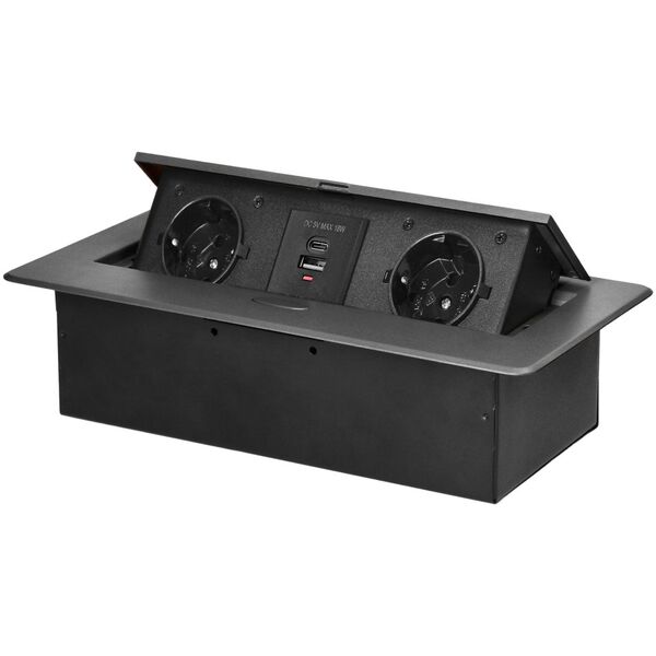 Orno Gniazdo meblowe wpuszczane w blat z płaskim frezowanym rantem i ładowarką USB, 2x2P+Z (Schuko),2xUSB (typ A+C| 3,6A), grafitowe