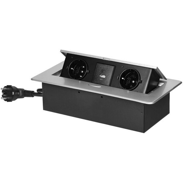 Orno Gniazdo meblowe wpuszczane w blat z płaskim frezowanym rantem, ładowarką USB i przewodem 1,5m, 2x2P+Z (Schuko), 2xUSB (typ A+C|3,6A), srebrne