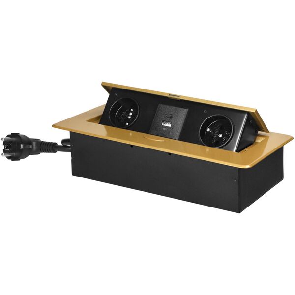 Orno Gniazda meblowe wpuszczane w blat z płaskim frezowanym rantem, ładowarką USB i przewodem 1,5m, 2x2P+Z, 2xUSB (typ A+C| 3,6A), złote