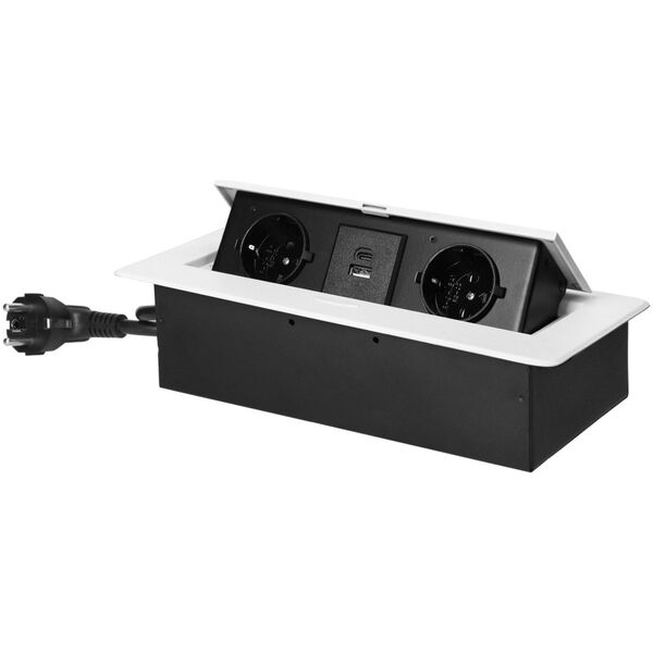 Orno Gniazdo meblowe wpuszczane w blat z płaskim frezowanym rantem, ładowarką USB i przewodem 1,5m, 2x2P+Z (Schuko), 2xUSB (typ A+C| 3,6A), białe