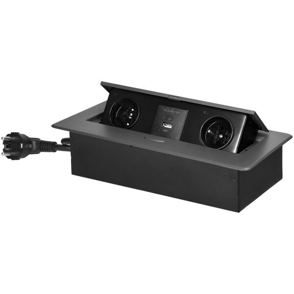 Orno Gniazda meblowe wpuszczane w blat z płaskim frezowanym rantem, ładowarką USB i przewodem 1,5m, 2x2P+Z, 2xUSB (typ A+C| 3,6A), grafitowe