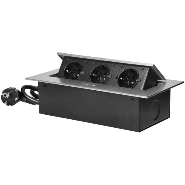 Orno Gniazdo meblowe wpuszczane w blat z płaskim rantem, 3 gniazdami 2P+Z (Schuko) oraz przewodem 1,5m (3x1,5mm?), srebrne