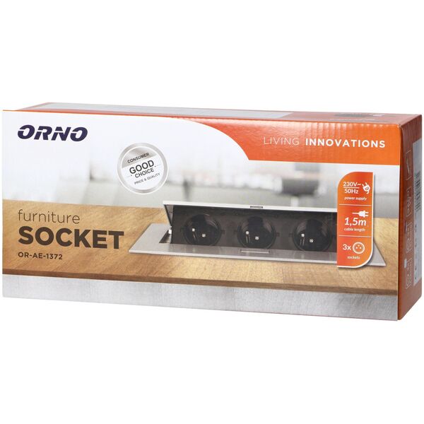 Orno Gniazdo meblowe wpuszczane w blat z płaskim rantem, 3 gniazdami 2P+Z (Schuko) oraz przewodem 1,5m (3x1,5mm?), srebrne