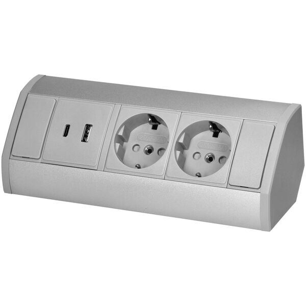 Orno Gniazdo meblowe 2x2P+Z (Schuko), 2xUSB (typ A+C| 2,4A), szaro-srebrne