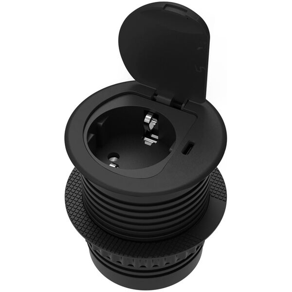 Orno Gniazdo meblowe ?6cm wpuszczane w blat z pokrywką, ładowarką USB i przewodem 1,9m, 1x2P+Z (Schuko), 1xUSB (typ C| 20W), czarne